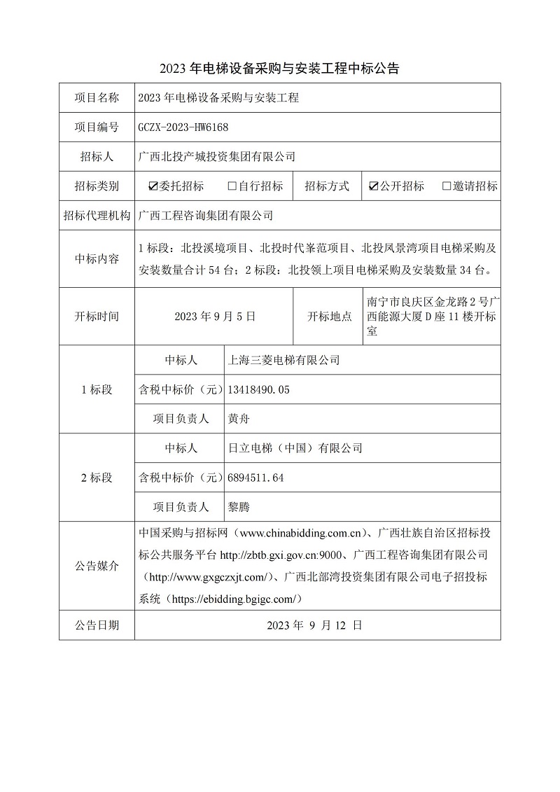 2023 年電梯設(shè)備采購與安裝工程中標公告
