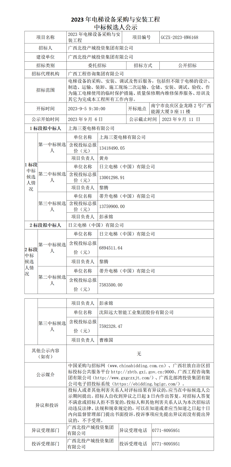 2023年電梯設(shè)備采購與安裝工程中標候選人公示